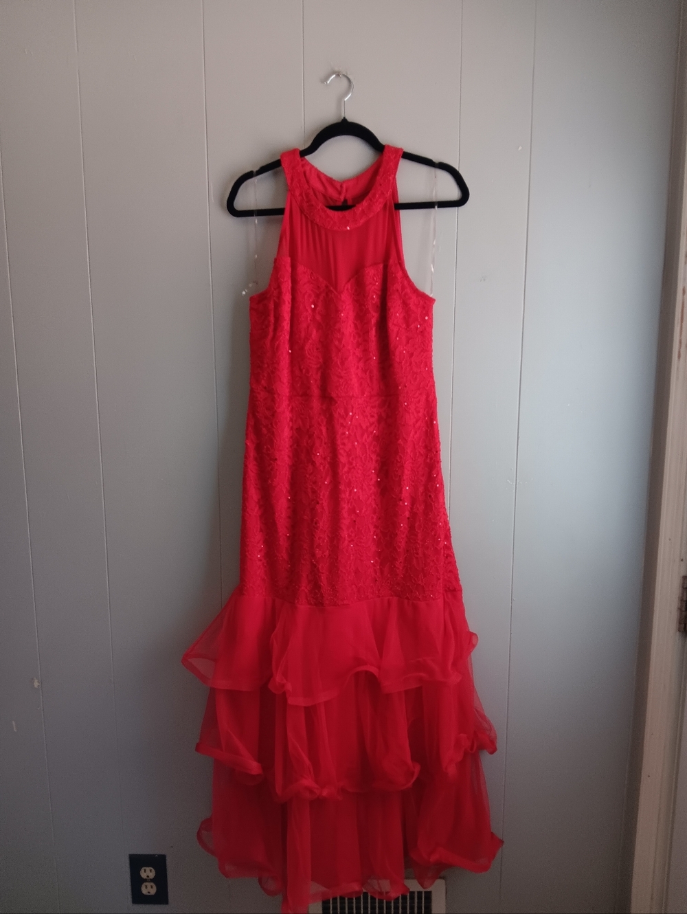 Candalite Red Sequenced Tiered Evening Gown Sleeveless Size XL